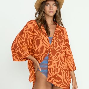 Beach Side Printed Short Sleeve Shirt - Orange Squeeze