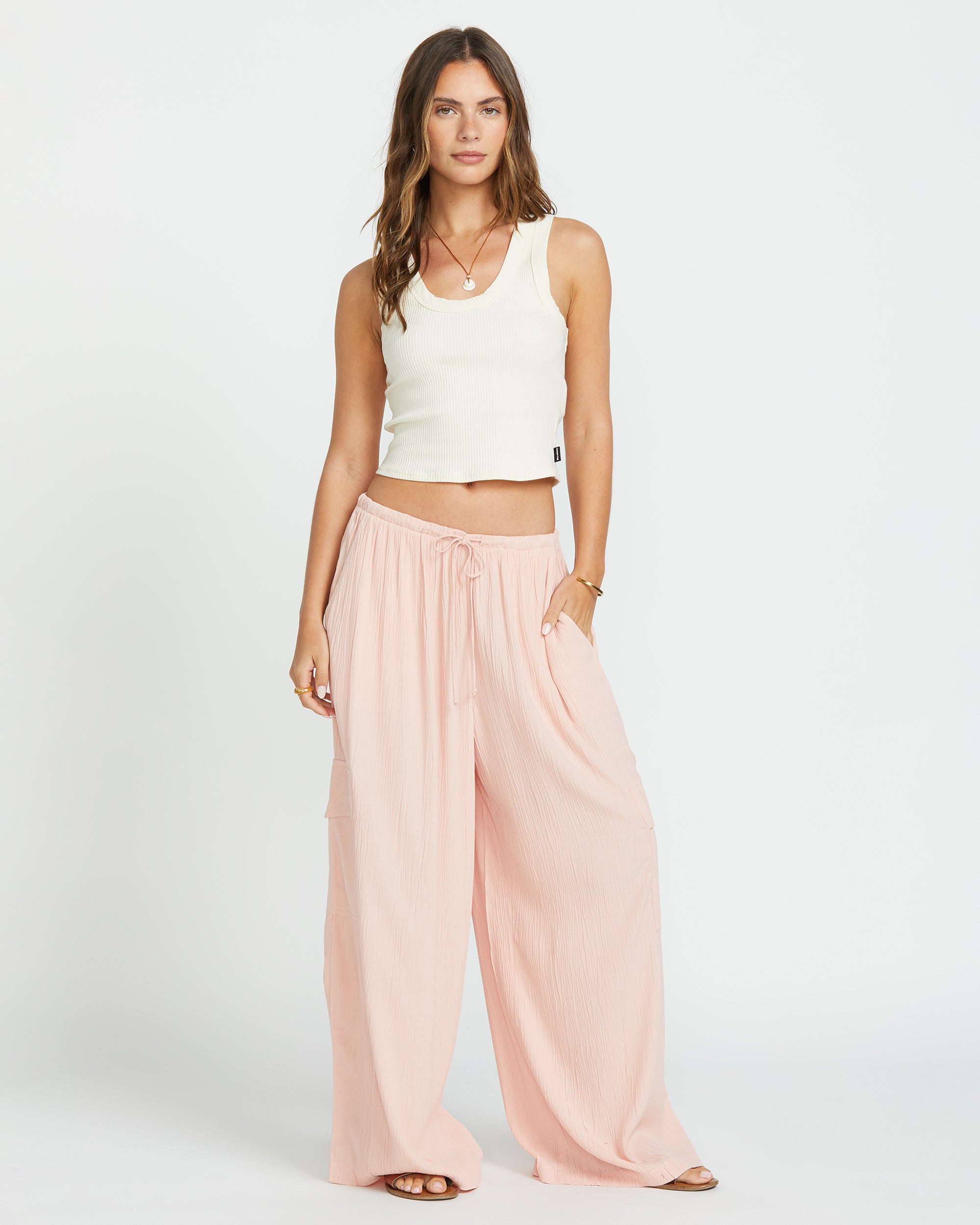 Beach Babe Cargo Elastic Waist Pants - Dusty Peach - Image 4