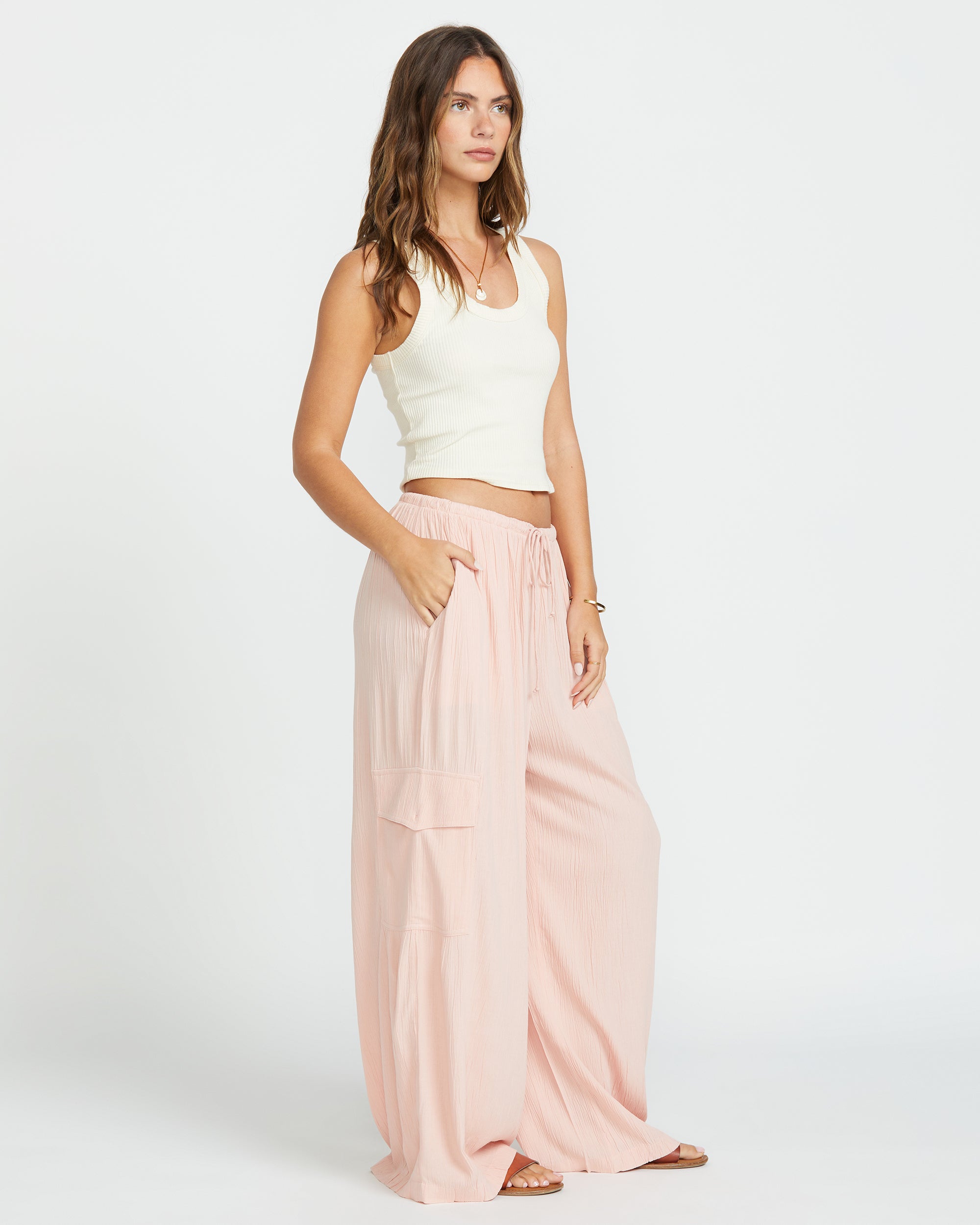 Beach Babe Cargo Elastic Waist Pants - Dusty Peach - Image 3