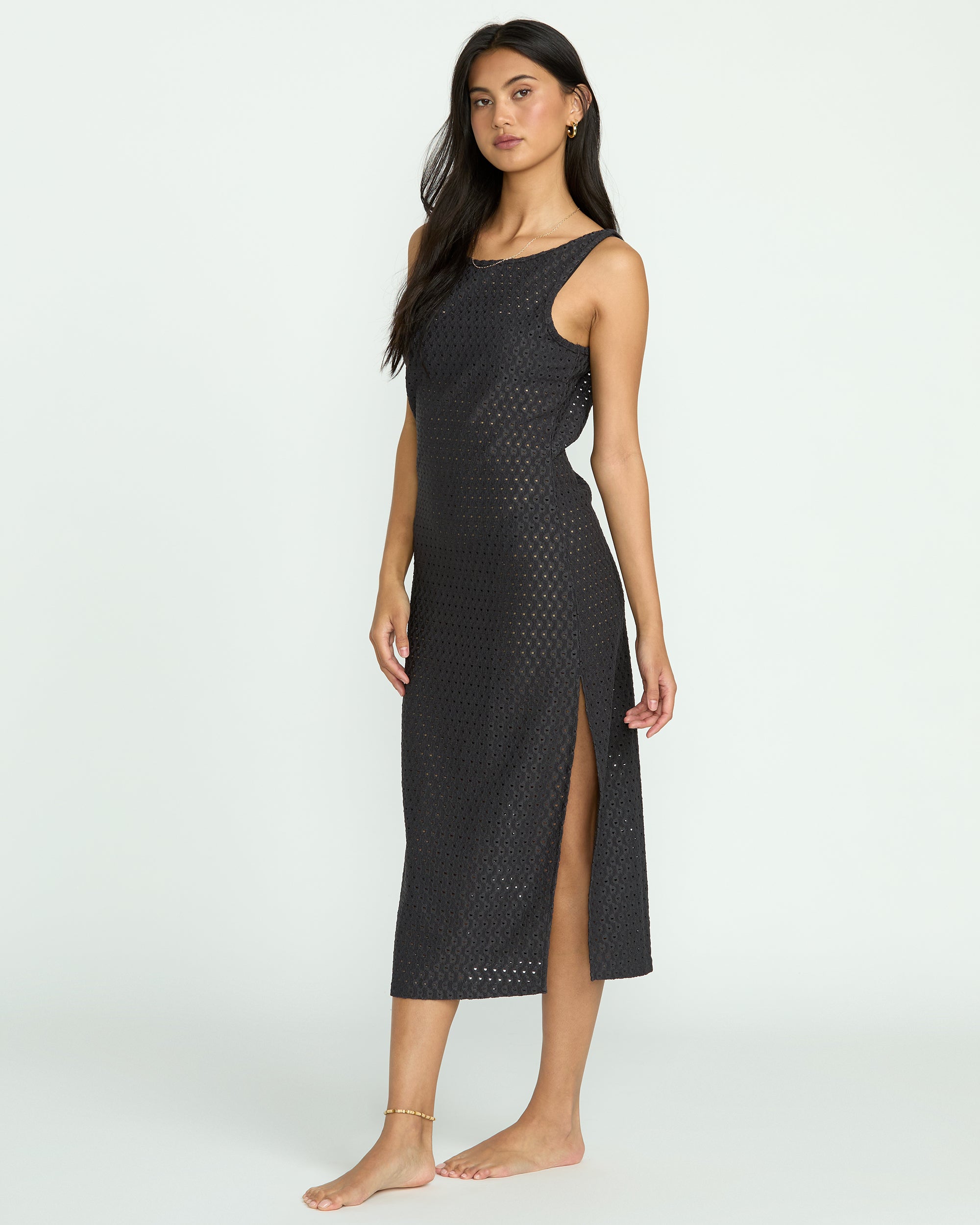 Eyelet Sun Midi Dress Beach Coverup - Off Black - Image 4