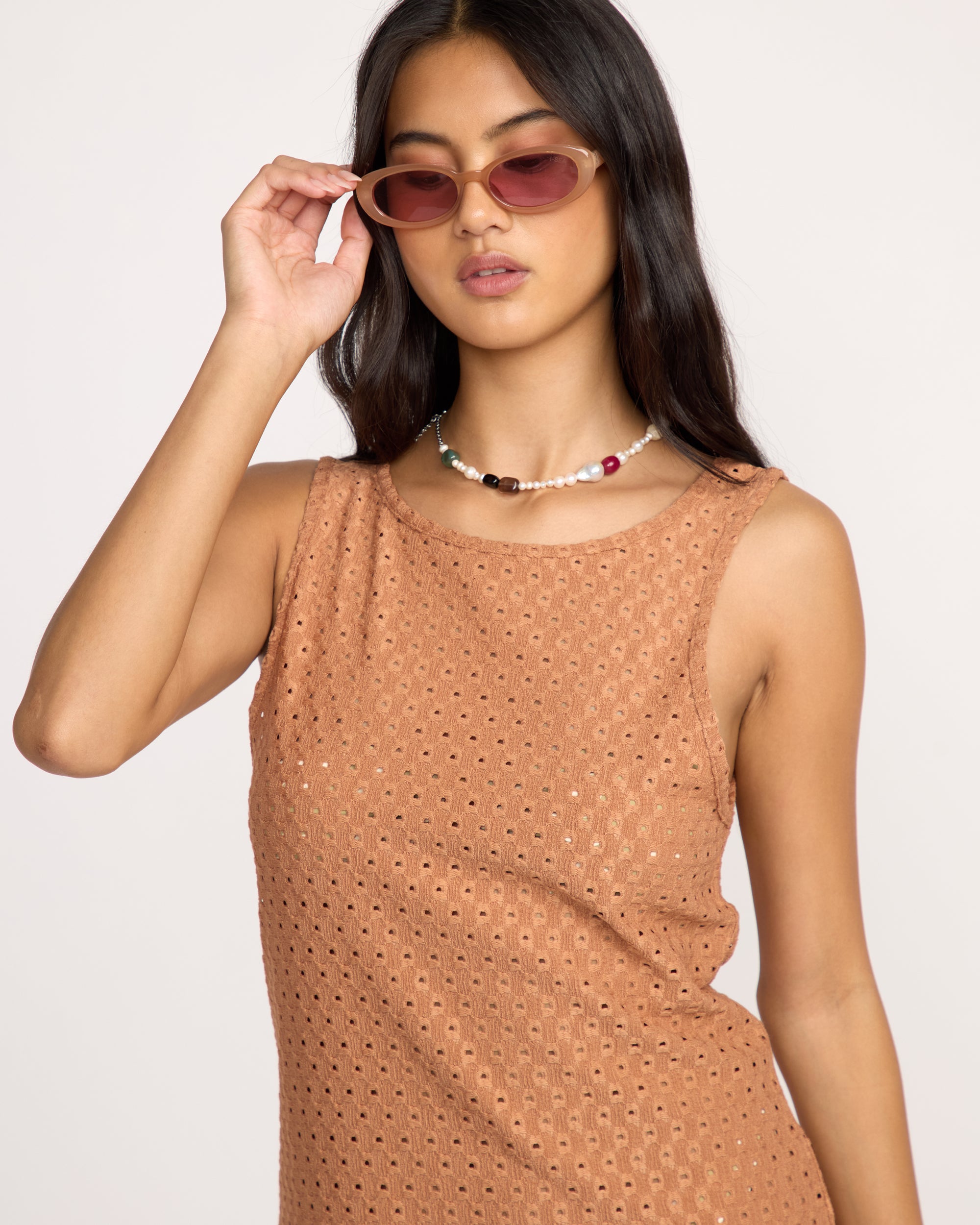 Eyelet Sun Midi Dress Beach Coverup - Rose Brown - Image 5