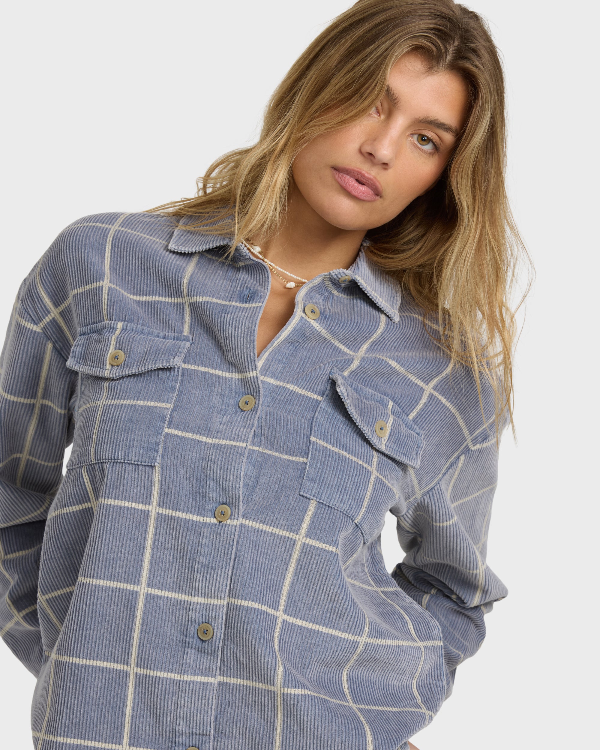 Fadeaway Long Sleeve Cord Shacket - Stone Blue - Image 2